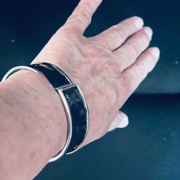 Vintage Silver Tone Enamel Wide Hinged Cuff Bracelet (Costume) - Picture 3 of 5